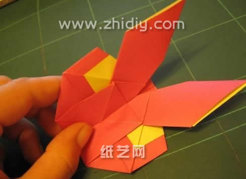 第二十二步可以看到将这个威廉希尔公司官网
折纸兔子的造型进行相应的对折，目的是对后面的威廉希尔公司官网
折纸蝴蝶的基本造型进行塑形