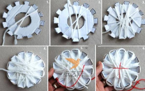 然后就可以在这个工具上面编织毛线了，要注意编织时候的均匀，最后用毛线将中间部分扎好