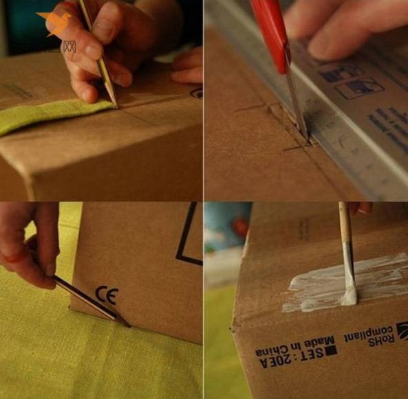 用笔和直尺测量出需要打孔开洞的位置，然后涂上乳胶开始装饰上布料