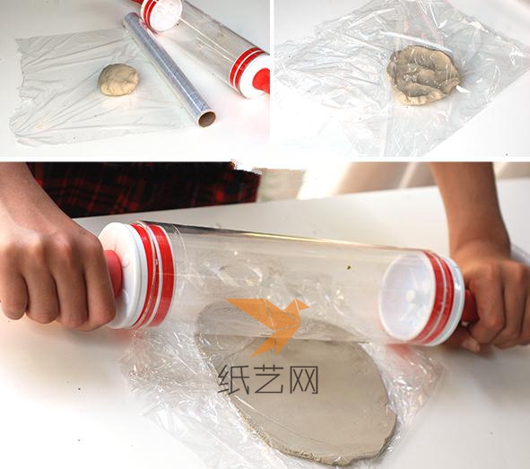 首先用一大块超轻粘土，揉好之后，放在两层保鲜膜之间，擀平