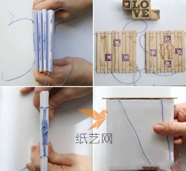 用线将白纸缝成一个本子，用心形印章给封皮印上图案